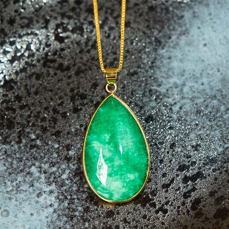 Buddha Stones Green Jade Water Drop Pattern Abundance Necklace Pendant