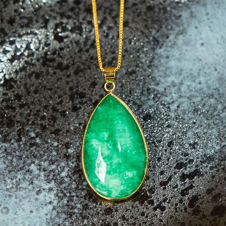 Buddha Stones Green Jade Water Drop Pattern Abundance Necklace Pendant