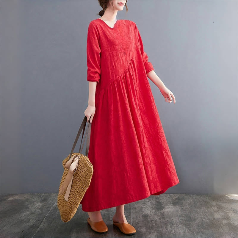 Buddha Stones Smiple Jacquard Pattern Long Sleeve Cotton Linen Women's Midi Dress With Pockets - image 9