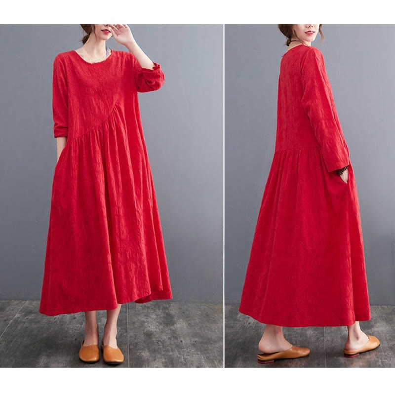 Buddha Stones Smiple Jacquard Pattern Long Sleeve Cotton Linen Women's Midi Dress With Pockets - image 15