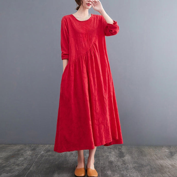 Buddha Stones Smiple Jacquard Pattern Long Sleeve Cotton Linen Women's Midi Dress With Pockets - image 11