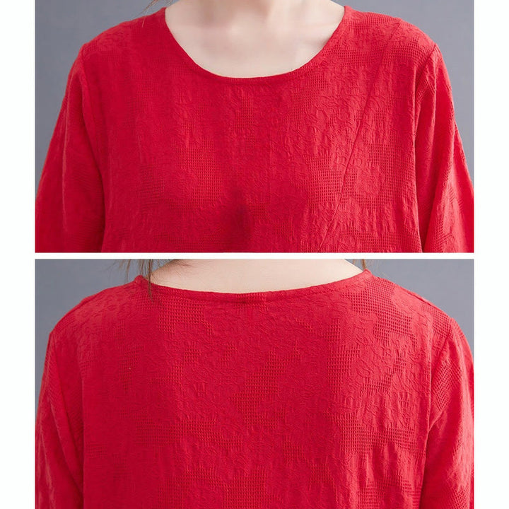 Buddha Stones Smiple Jacquard Pattern Long Sleeve Cotton Linen Women's Midi Dress With Pockets - image 17