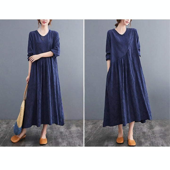 Buddha Stones Smiple Jacquard Pattern Long Sleeve Cotton Linen Women's Midi Dress With Pockets - image 27