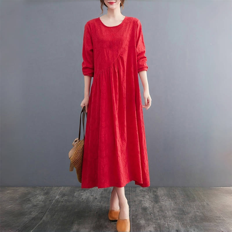 Buddha Stones Smiple Jacquard Pattern Long Sleeve Cotton Linen Women's Midi Dress With Pockets - image 12