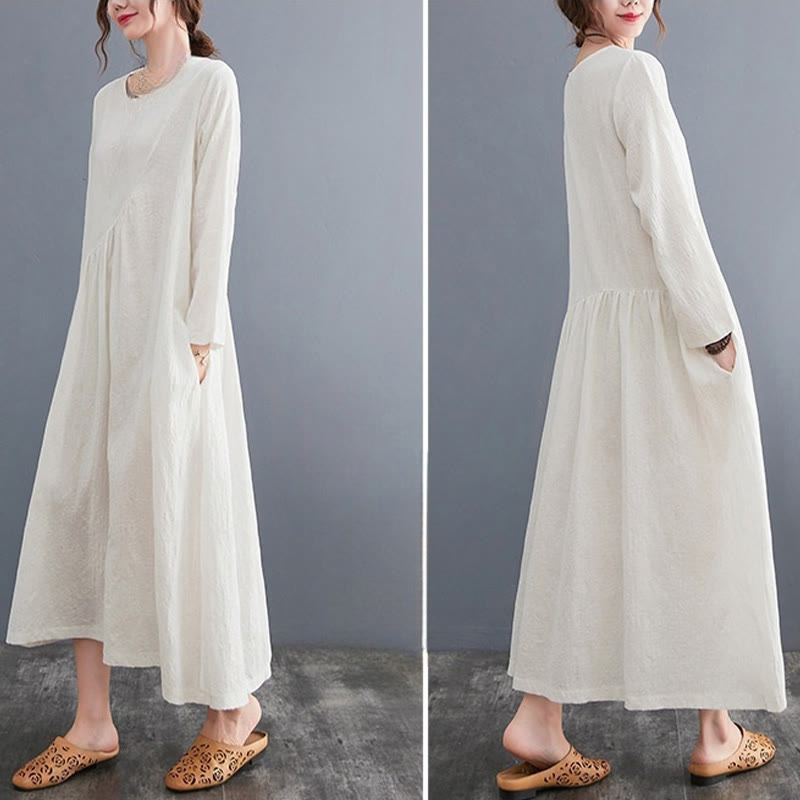 Buddha Stones Smiple Jacquard Pattern Long Sleeve Cotton Linen Women's Midi Dress With Pockets - image 5