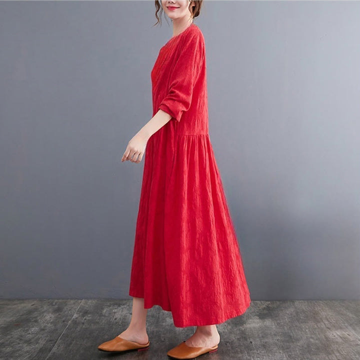 Buddha Stones Smiple Jacquard Pattern Long Sleeve Cotton Linen Women's Midi Dress With Pockets - image 10