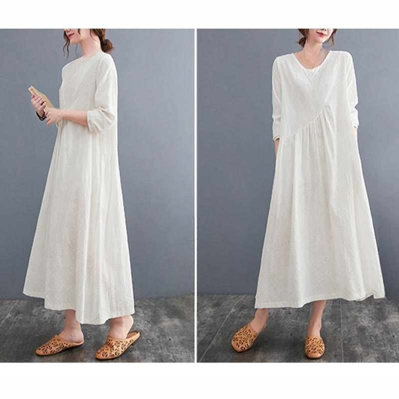 Buddha Stones Smiple Jacquard Pattern Long Sleeve Cotton Linen Women's Midi Dress With Pockets - image 6