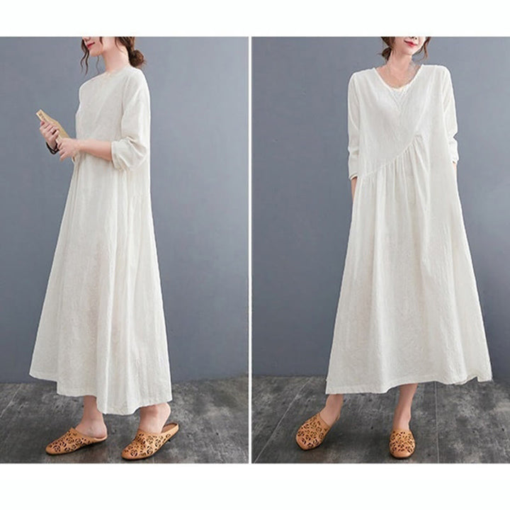 Buddha Stones Smiple Jacquard Pattern Long Sleeve Cotton Linen Women's Midi Dress With Pockets - image 6