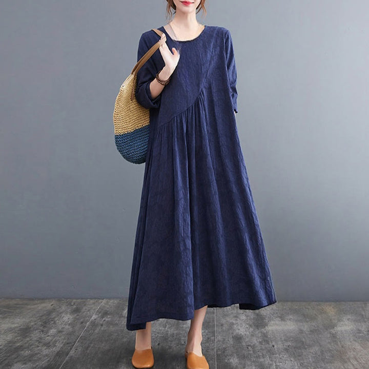 Buddha Stones Smiple Jacquard Pattern Long Sleeve Cotton Linen Women's Midi Dress With Pockets - image 24