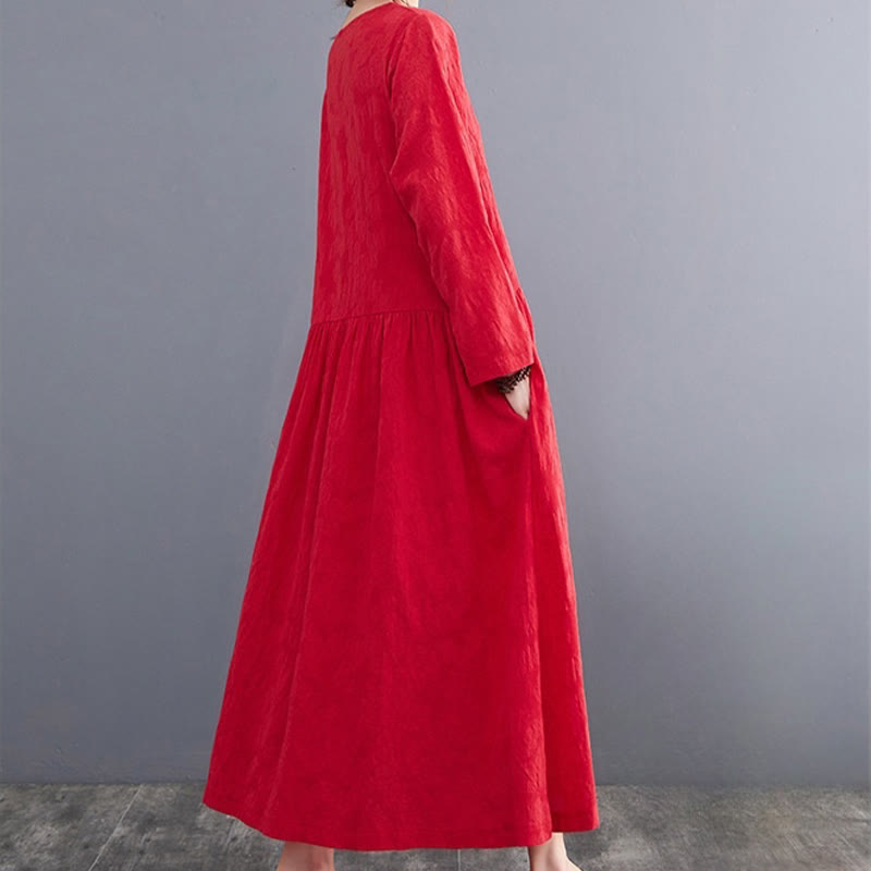 Buddha Stones Smiple Jacquard Pattern Long Sleeve Cotton Linen Women's Midi Dress With Pockets - image 14