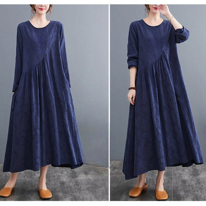Buddha Stones Smiple Jacquard Pattern Long Sleeve Cotton Linen Women's Midi Dress With Pockets - image 26
