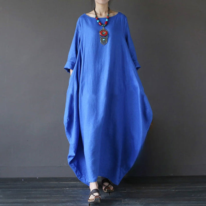 Buddha Stones Solid Color Three Quarter Sleeve Cotton Women's Maxi Dress - Blue - US16，UK/AU20，EU48 (5XL) - image 9