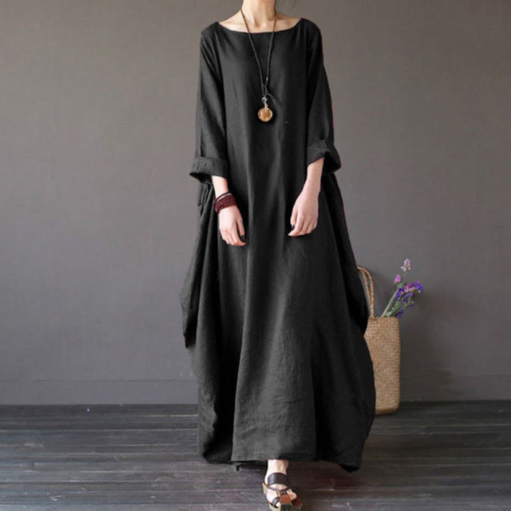 Buddha Stones Solid Color Three Quarter Sleeve Cotton Women's Maxi Dress - Black - US16，UK/AU20，EU48 (5XL) - image 12