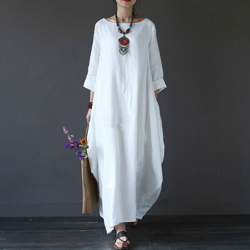 Buddha Stones Solid Color Three Quarter Sleeve Cotton Women's Maxi Dress - White - US16，UK/AU20，EU48 (5XL) - image 0