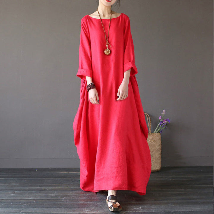 Buddha Stones Solid Color Three Quarter Sleeve Cotton Women's Maxi Dress - Red - US16，UK/AU20，EU48 (5XL) - image 6