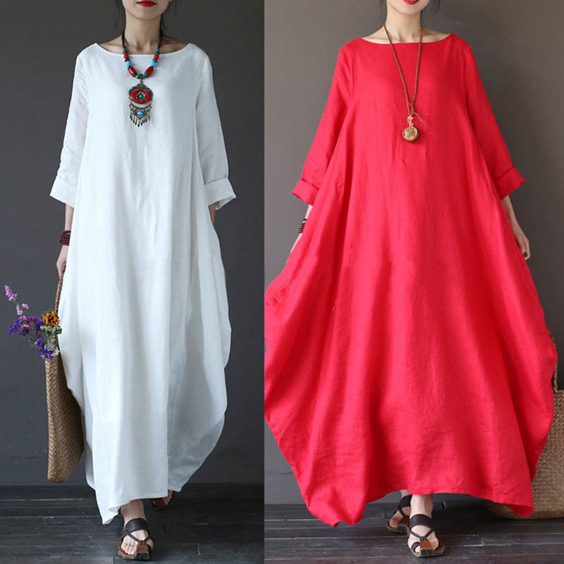 Buddha Stones Solid Color Three Quarter Sleeve Cotton Women's Maxi Dress - image 4