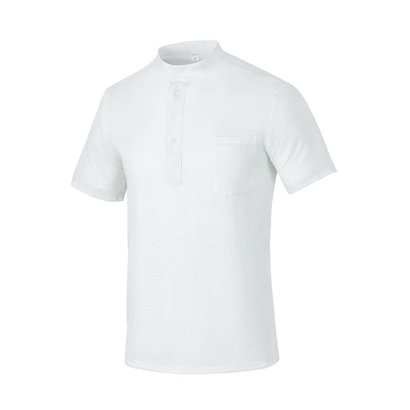 Buddha Stones Solid Color Polo Plaid Half Buttons Men's Short Sleeve Shirt