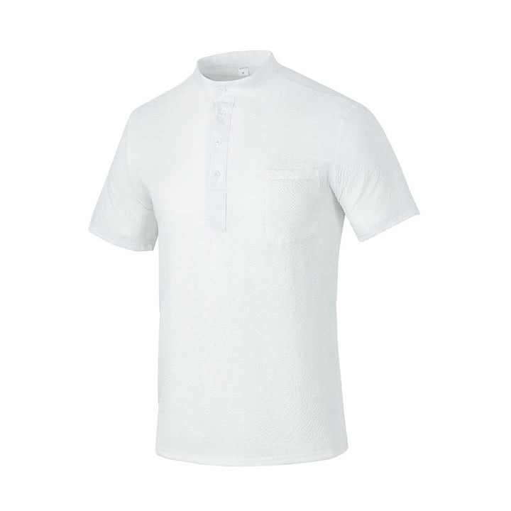 Buddha Stones Solid Color Polo Plaid Half Buttons Men's Short Sleeve Shirt