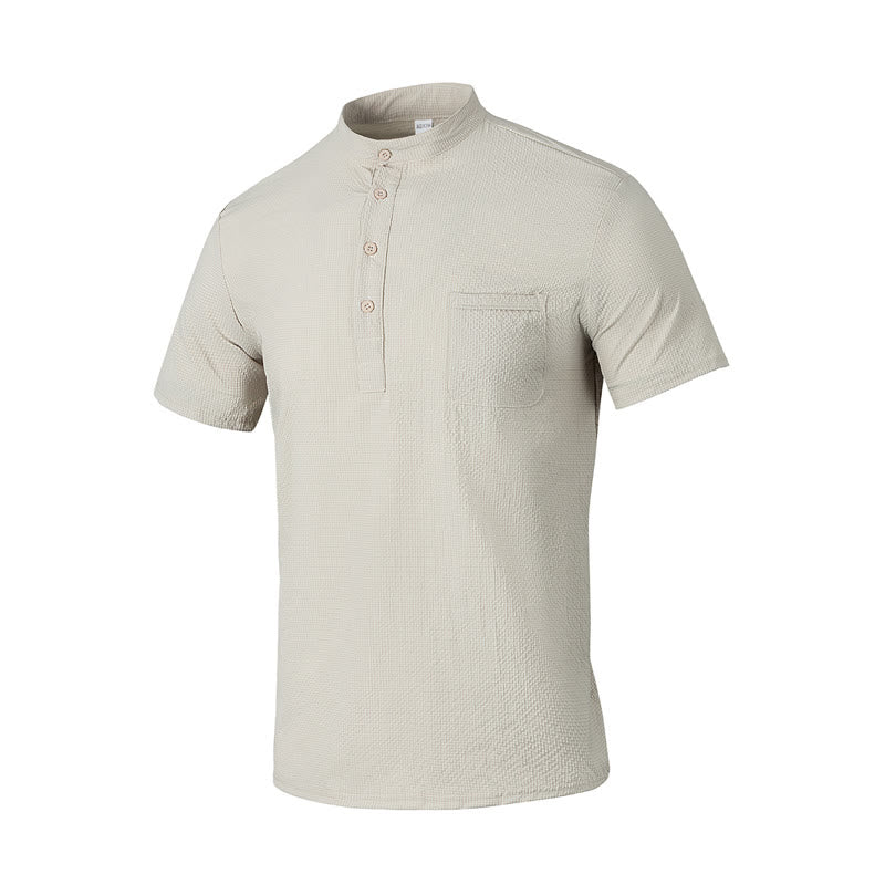 Buddha Stones Solid Color Polo Plaid Half Buttons Men's Short Sleeve Shirt
