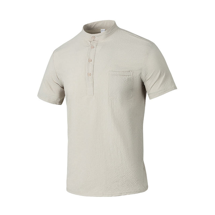 Buddha Stones Solid Color Polo Plaid Half Buttons Men's Short Sleeve Shirt