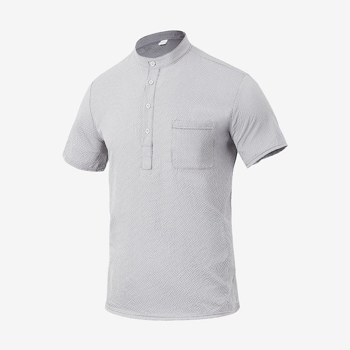 Buddha Stones Solid Color Polo Plaid Half Buttons Men's Short Sleeve Shirt