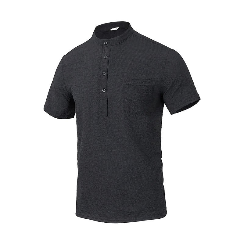 Buddha Stones Solid Color Polo Plaid Half Buttons Men's Short Sleeve Shirt