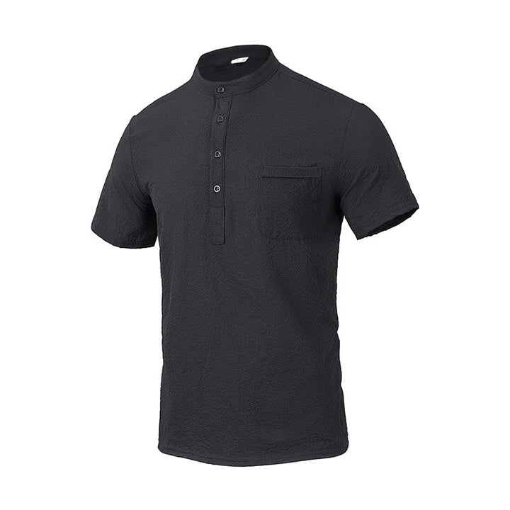 Buddha Stones Solid Color Polo Plaid Half Buttons Men's Short Sleeve Shirt