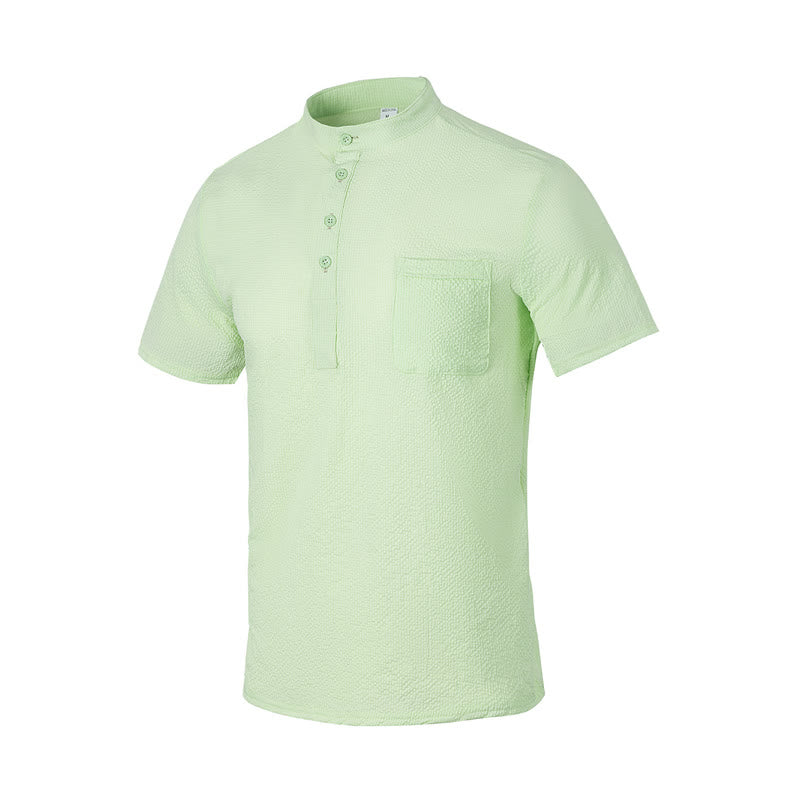 Buddha Stones Solid Color Polo Plaid Half Buttons Men's Short Sleeve Shirt