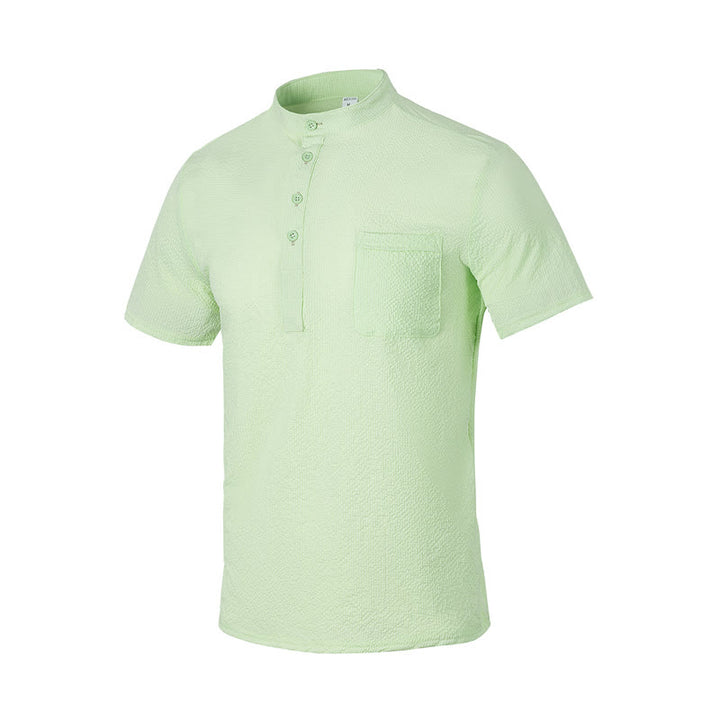 Buddha Stones Solid Color Polo Plaid Half Buttons Men's Short Sleeve Shirt