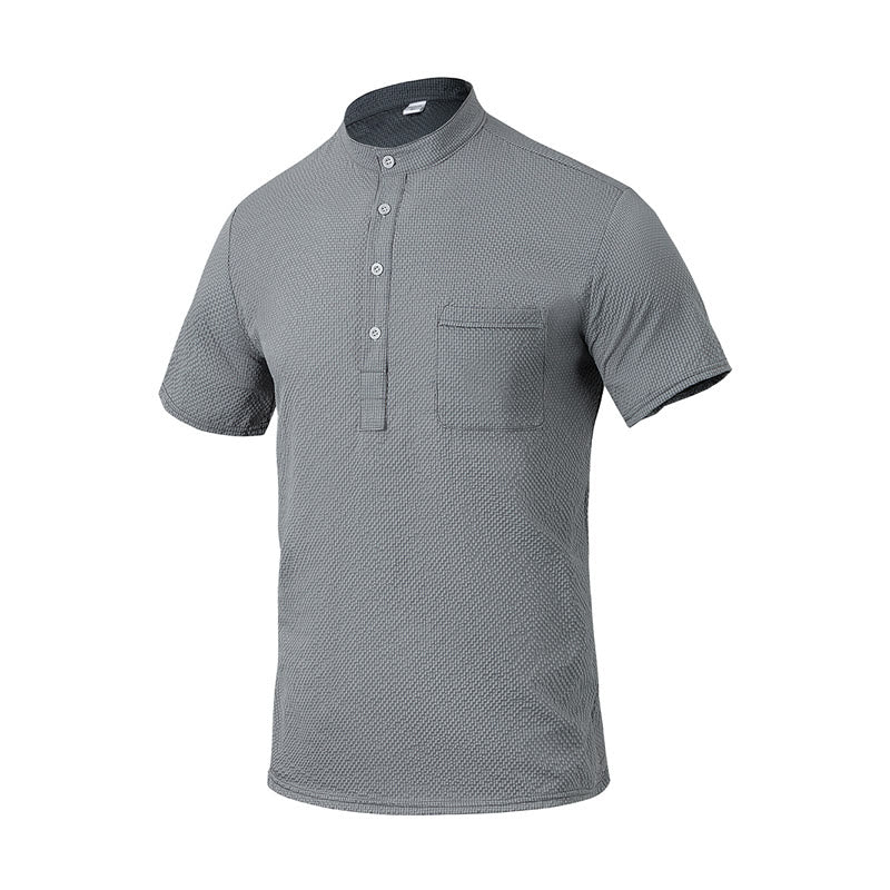 Buddha Stones Solid Color Polo Plaid Half Buttons Men's Short Sleeve Shirt
