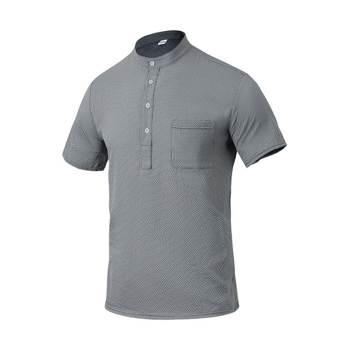 Buddha Stones Solid Color Polo Plaid Half Buttons Men's Short Sleeve Shirt