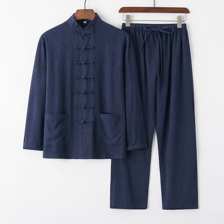 Buddha Stones 2Pcs Tang Suit Frog-Button Long Sleeve Shirt Pants Linen Cotton Men's Set - SteelBlue - US/UK/AU44，EU54 (4XL) - image 13