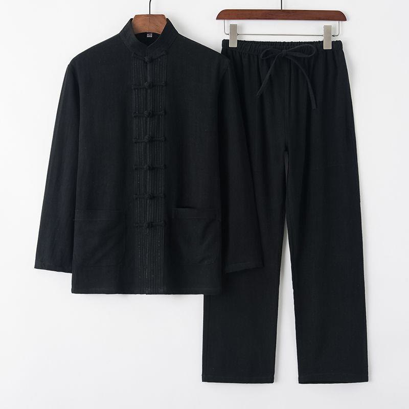 Buddha Stones 2Pcs Tang Suit Frog-Button Long Sleeve Shirt Pants Linen Cotton Men's Set - Black - US/UK/AU44，EU54 (4XL) - image 12