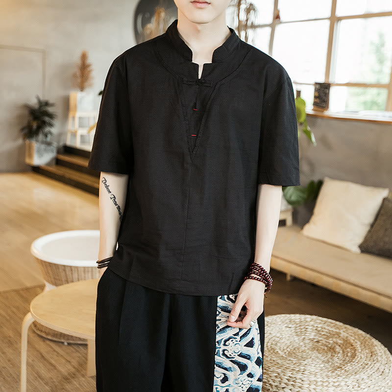 Buddha Stones Summer Plain Color Frog-Button Notched Neck Men's Half Sleeve Cotton Shirt