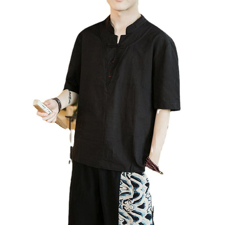 Buddha Stones Summer Plain Color Frog-Button Notched Neck Men's Half Sleeve Cotton Shirt