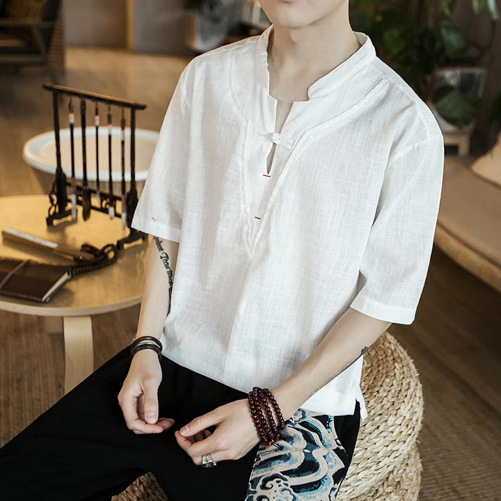 Buddha Stones Summer Plain Color Frog-Button Notched Neck Men's Half Sleeve Cotton Shirt
