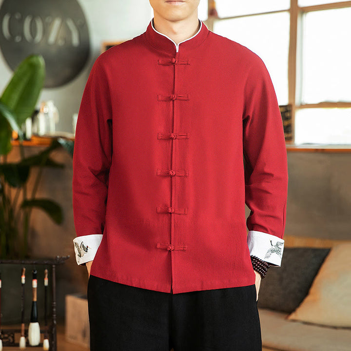 Buddha Stones Tang Suit Frog-Button Crane Embroidery Long Sleeve Cotton Men's Shirt - image 2