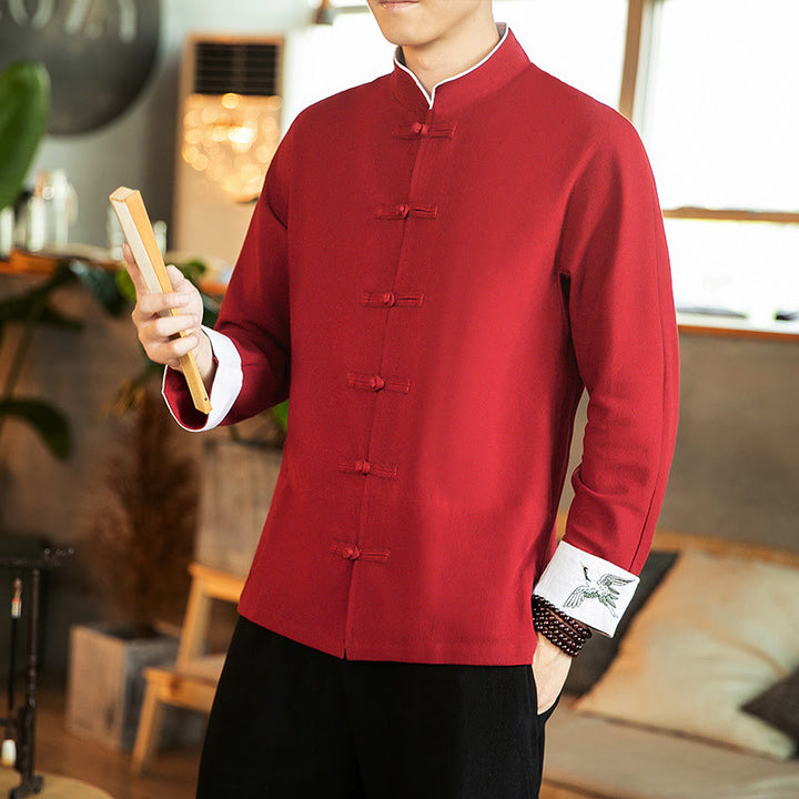 Buddha Stones Tang Suit Frog-Button Crane Embroidery Long Sleeve Cotton Men's Shirt - image 3