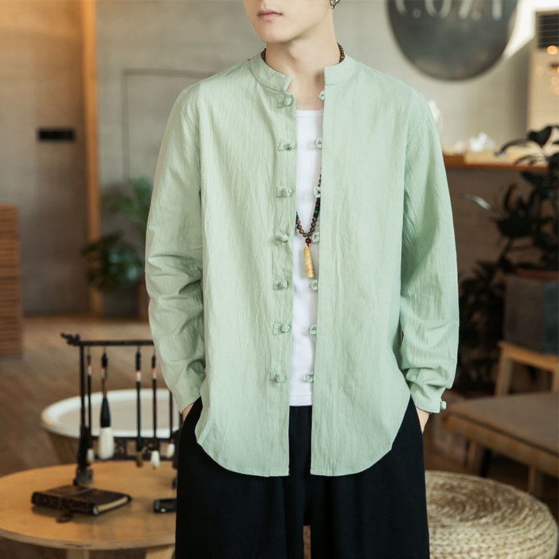 Buddha Stones Casual Stand Collar Frog-Button Long Sleeve Tang Suit Linen Men's Shirt - MintCream - US/UK/AU46，EU56 (5XL) - image 12