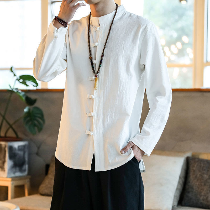 Buddha Stones Casual Stand Collar Frog-Button Long Sleeve Tang Suit Linen Men's Shirt - White - US/UK/AU46，EU56 (5XL) - image 0