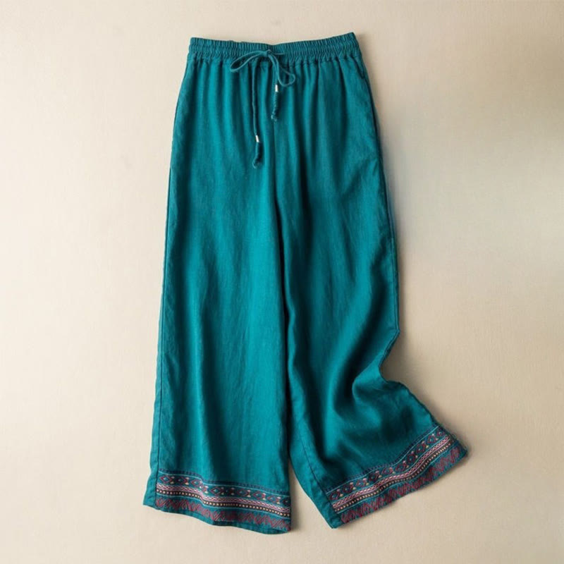 Buddha Stones Casual Embroidery Bohemian Pattern Drawstring Cotton Linen Women's Wide Leg Pants With Pockets - LightSeaGreen - US12，UK/AU16，EU44 (XL) - image 5