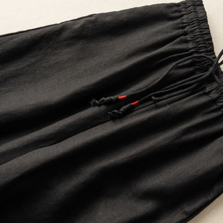 Buddha Stones Casual Embroidery Bohemian Pattern Drawstring Cotton Linen Women's Wide Leg Pants With Pockets - image 9