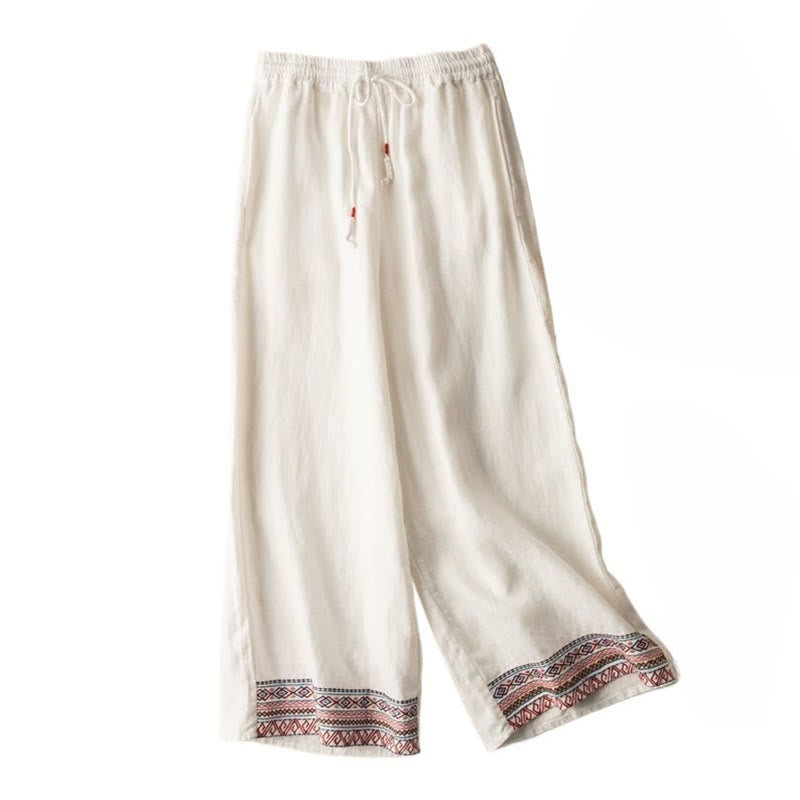 Buddha Stones Casual Embroidery Bohemian Pattern Drawstring Cotton Linen Women's Wide Leg Pants With Pockets - image 16