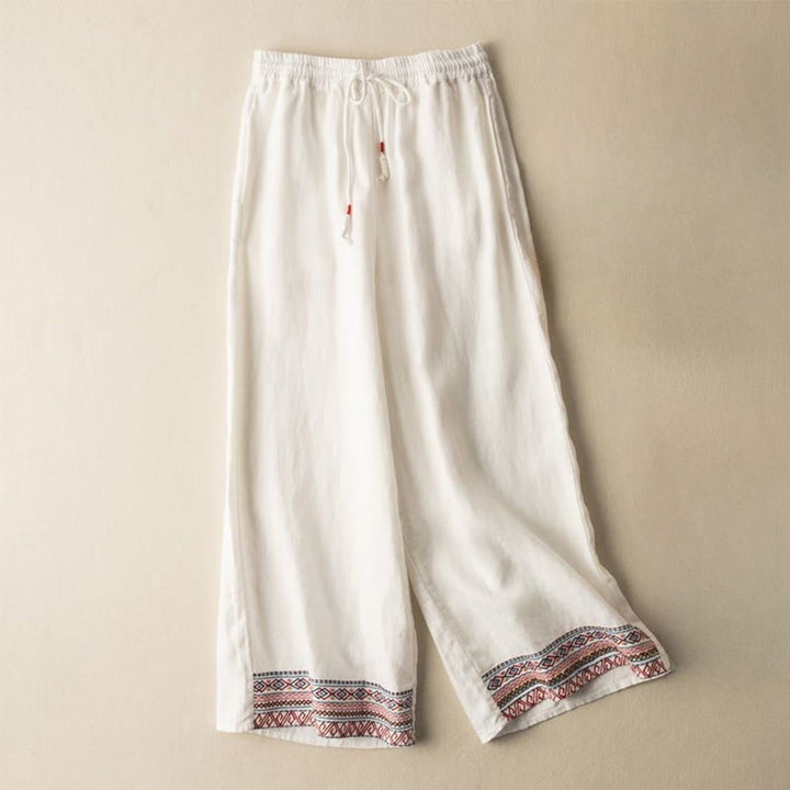 Buddha Stones Casual Embroidery Bohemian Pattern Drawstring Cotton Linen Women's Wide Leg Pants With Pockets - OldLace - US12，UK/AU16，EU44 (XL) - image 12