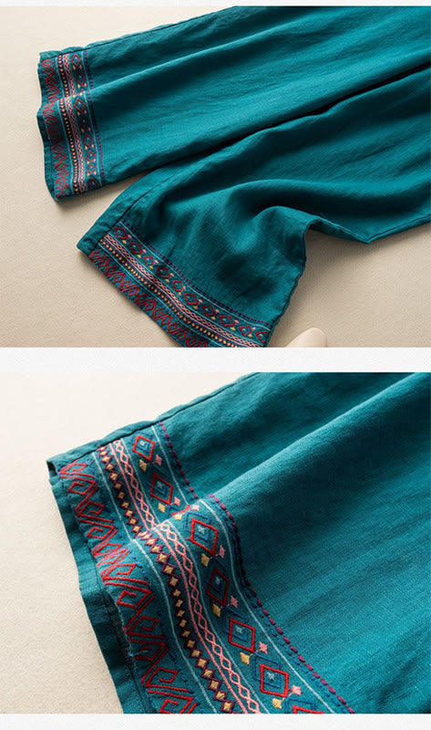 Buddha Stones Casual Embroidery Bohemian Pattern Drawstring Cotton Linen Women's Wide Leg Pants With Pockets - image 7