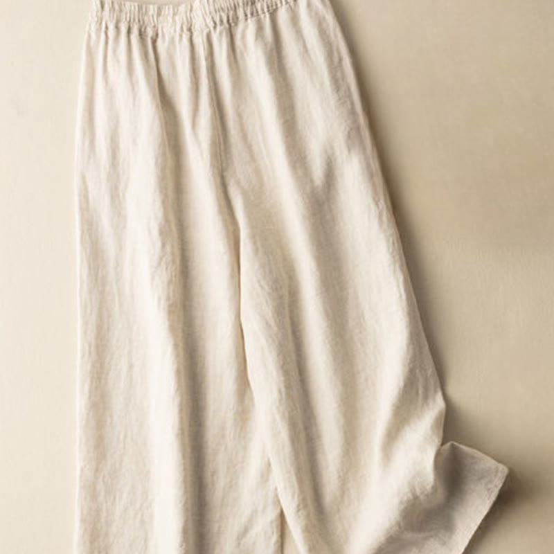 Buddha Stones Casual Embroidery Bohemian Pattern Drawstring Cotton Linen Women's Wide Leg Pants With Pockets - image 1