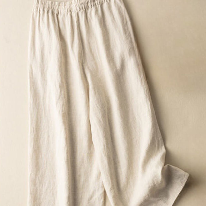 Buddha Stones Casual Embroidery Bohemian Pattern Drawstring Cotton Linen Women's Wide Leg Pants With Pockets - image 1