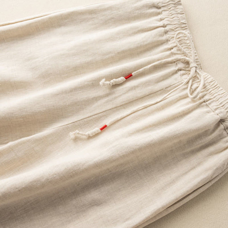 Buddha Stones Casual Embroidery Bohemian Pattern Drawstring Cotton Linen Women's Wide Leg Pants With Pockets - image 2