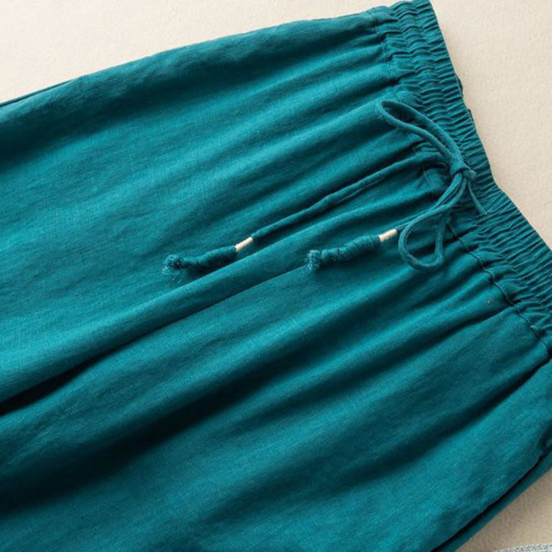 Buddha Stones Casual Embroidery Bohemian Pattern Drawstring Cotton Linen Women's Wide Leg Pants With Pockets - image 6