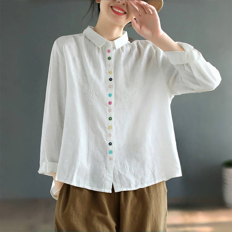 Buddha Stones Spring Embroidery Long Sleeve Colorful Button Label Cotton Linen Women's Shirt - image 6